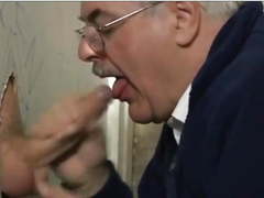 Sexy silver haired moustached dad sucks cum at the gloryhole